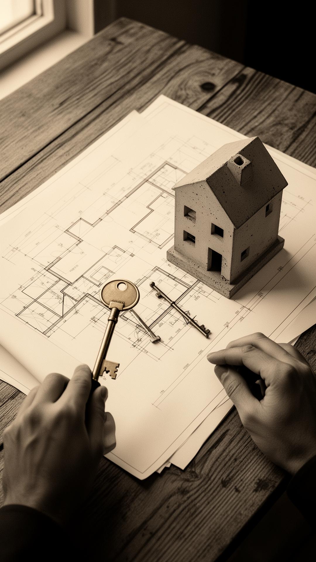 Planos arquitectónicos, llave y maqueta sobre una mesa de madera