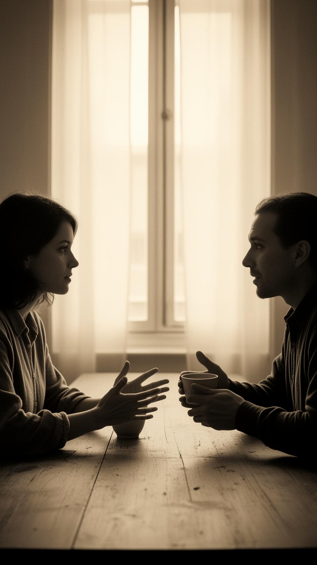 Dos personas en una conversación cercana frente a una mesa con luz natural