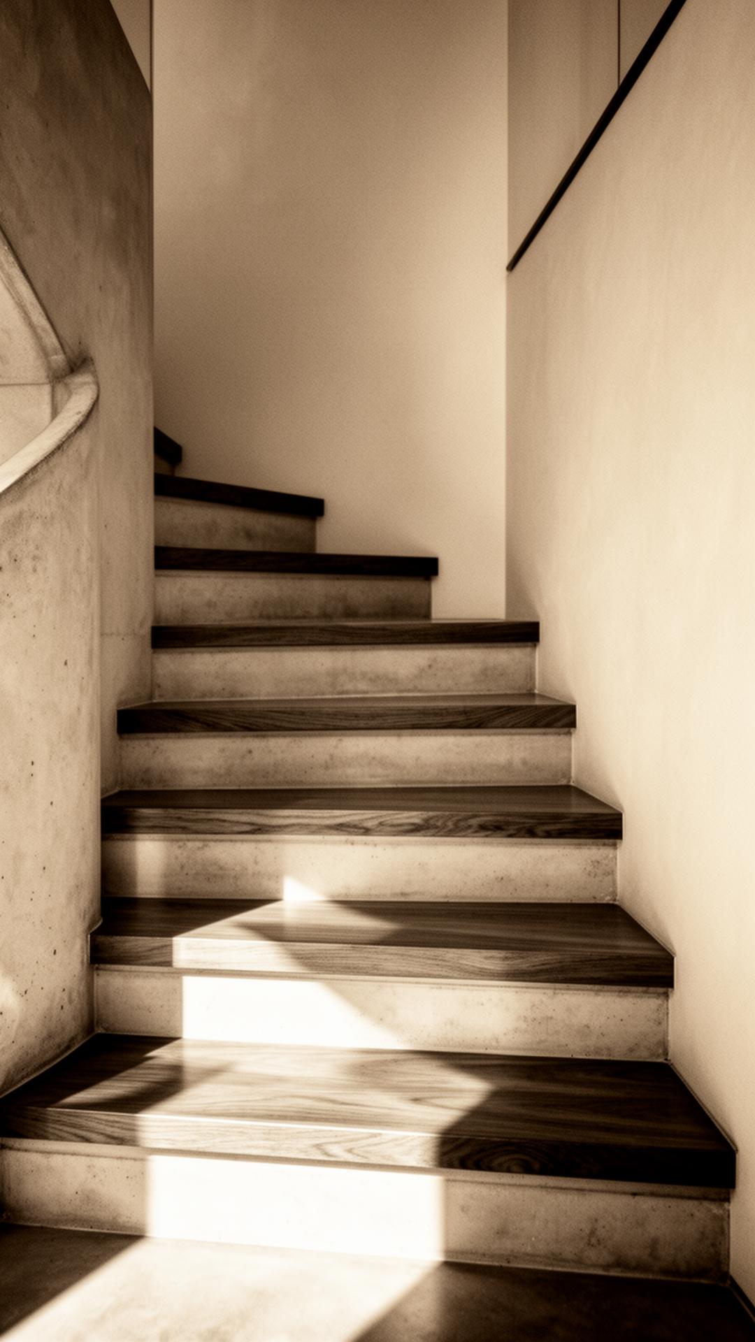 Escalera de concreto y madera con luz lateral