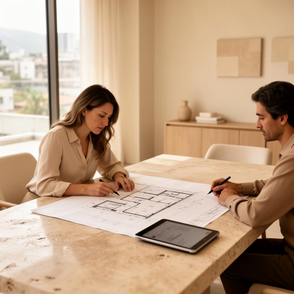 Asesores revisando planos arquitectónicos junto a un cliente en una oficina luminosa